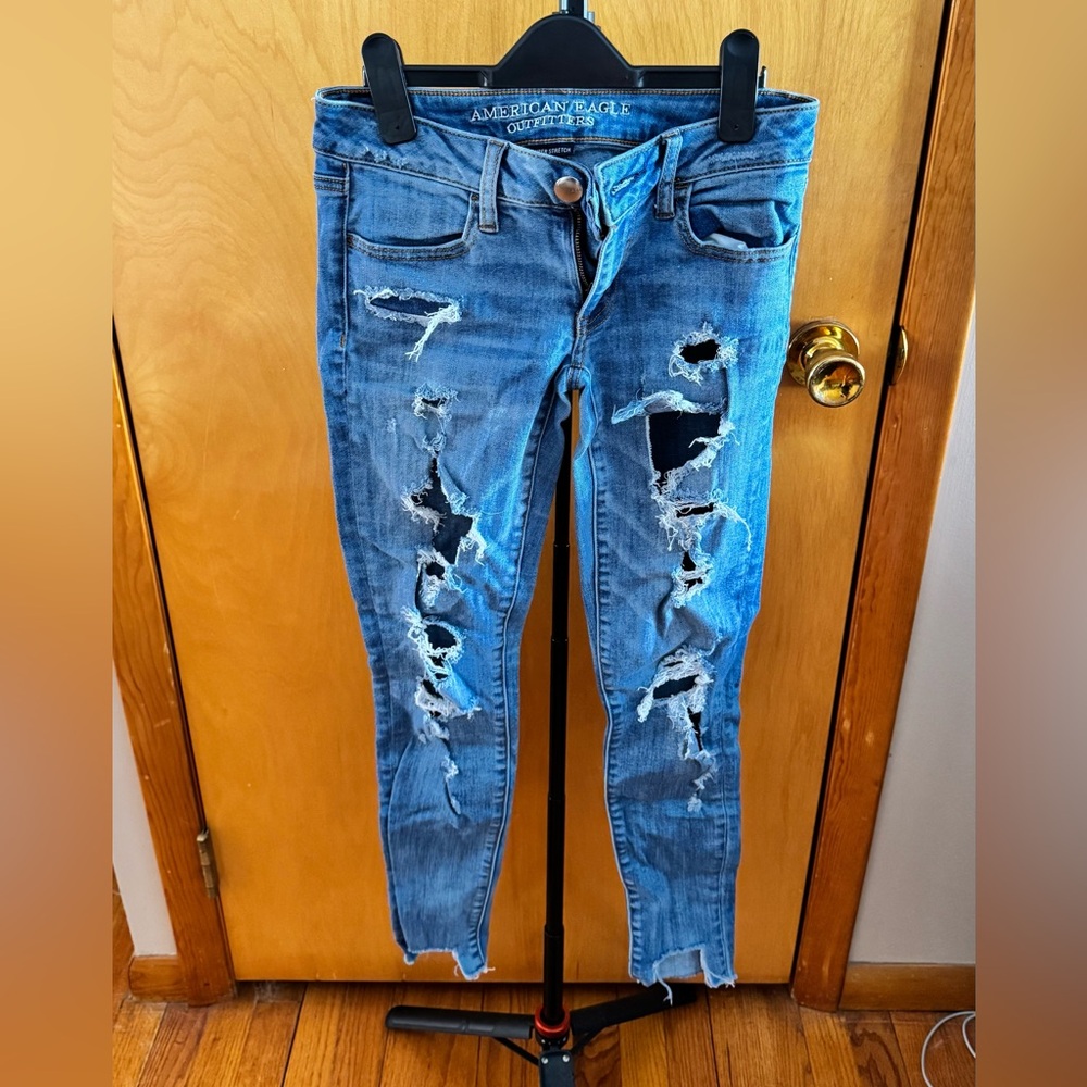 American Eagle Outfitters Women's Ripped Light Blue Super Low Skinny Jeans